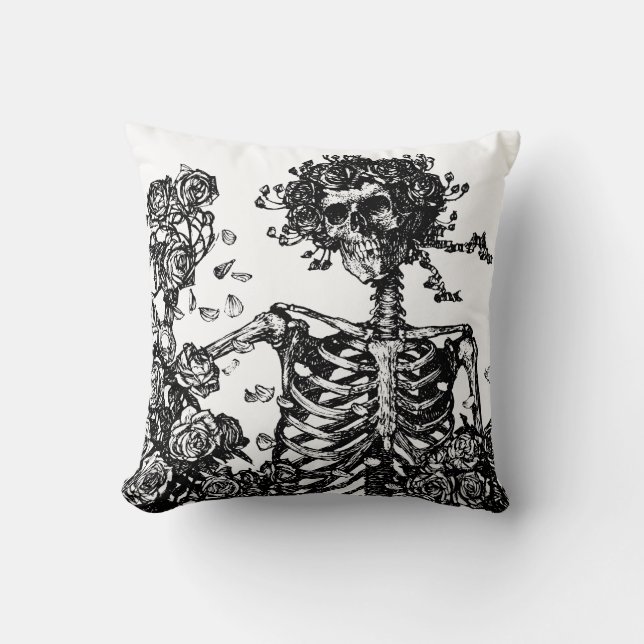 Skeletons and Roses Throw Pillow (Front)