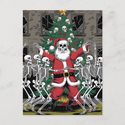 Skeletons and Santa Dancing Around Christmas Tree Postcard