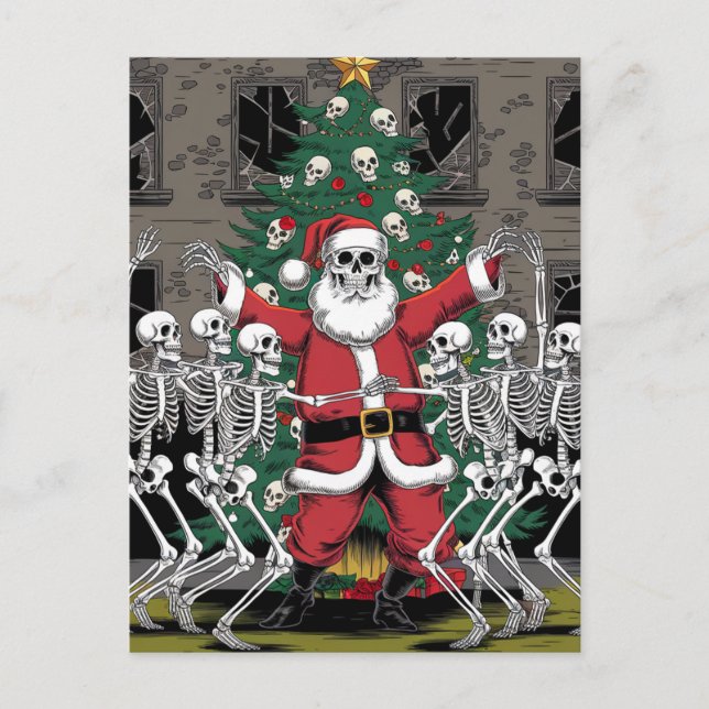 Skeletons and Santa Dancing Around Christmas Tree Postcard (Front)