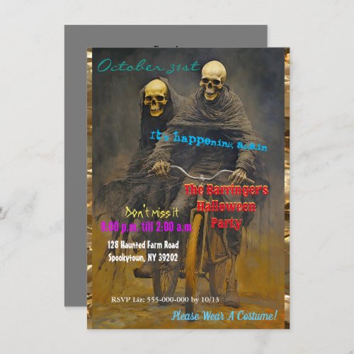Skeletons biking to my Adult Halloween Party Invitation