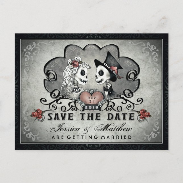 Skeletons Black Gray White SAVE THE DATE Announcement Postcard (Front)