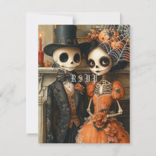 Skeletons Black Spiders Halloween Wedding RSVP Invitation