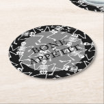 Skeletons BONE APPÉTIT Round Paper Coaster<br><div class="desc">Skeletons on a black background and BONE APPÉTIT in chic lettering,  these round heavy pulp paper coasters are fun for your Halloween party or home decor. MATCHING items in our store.</div>