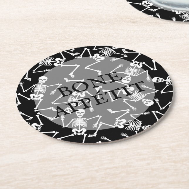 Skeletons BONE APPÉTIT Round Paper Coaster (Angled)