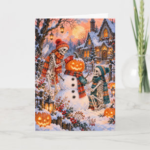 Skeletons Building Pumpkin Snowman Creepmas Holiday Card