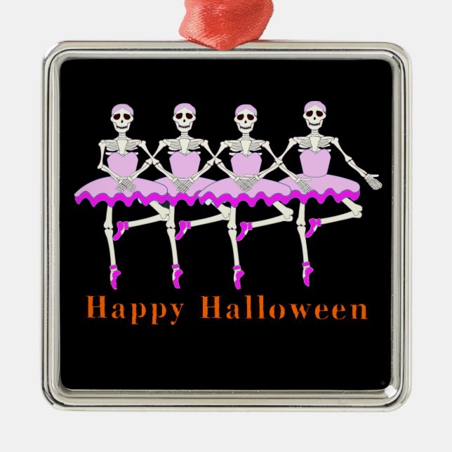 Skeletons Dancing Ballet "Happy Halloween" Metal Ornament (Front)