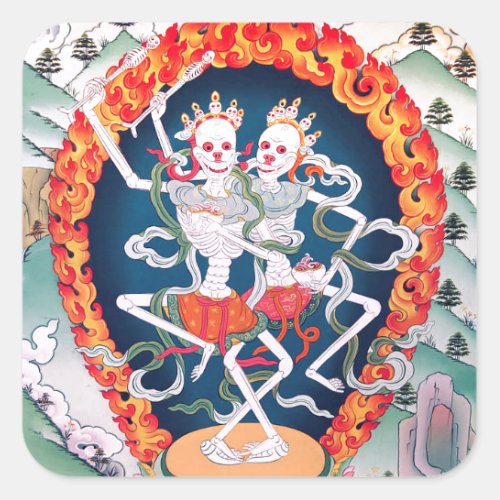 Skeletons Dancing Tibetan Buddhist Art Square Sticker