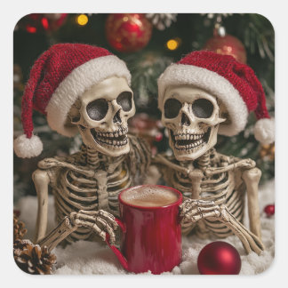 Skeletons Enjoying Christmas Square Sticker