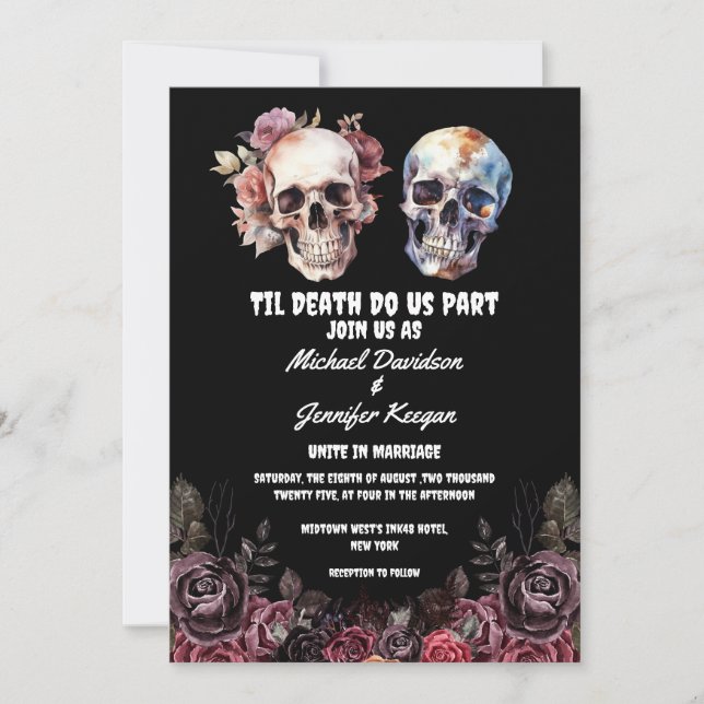  skeletons floral gothic halloween black wedding  invitation (Front)