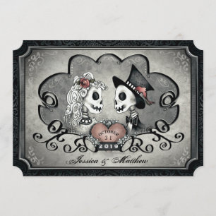 Skeletons Gray Black Heart Wedding "Together With" Invitation