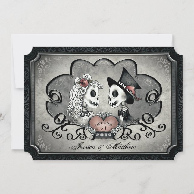 Skeletons Gray Black Heart Wedding "Together With" Invitation (Front)