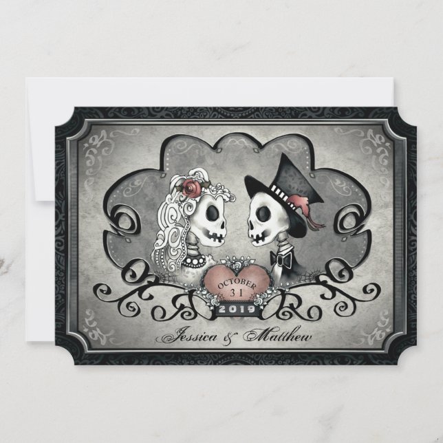 Skeletons Gray Black White Heart Wedding Invitation (Front)