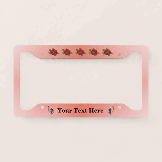 Skeletons Holding Gothic Red Roses Leaves Pink License Plate Frame (Front)