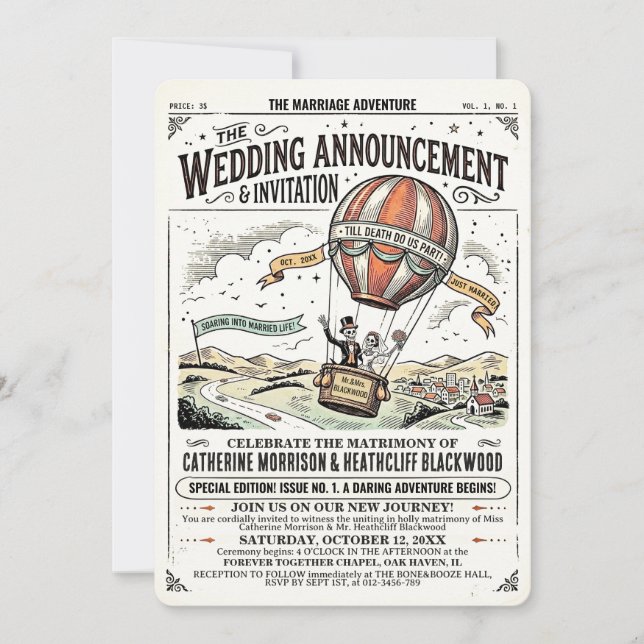 Skeletons in Hot Air Balloon Wedding Invitation (Front)