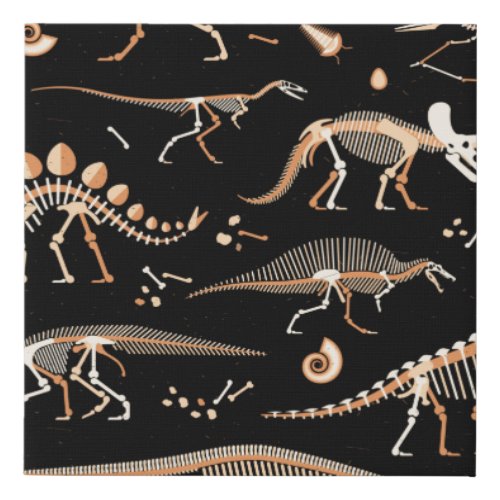 Skeletons of dinosaurs and fossils pattern faux canvas print