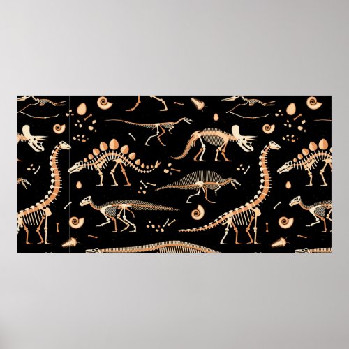 Skeletons of dinosaurs and fossils pattern poster