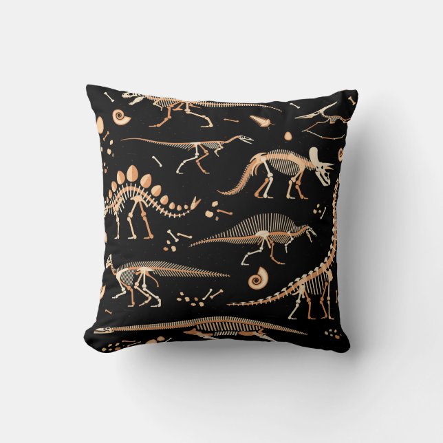 Skeletons of dinosaurs and fossils pattern throw pillow (Front)