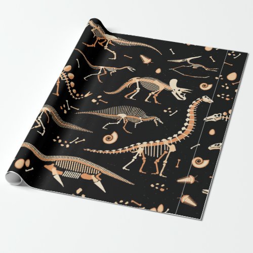 Skeletons of dinosaurs and fossils pattern wrapping paper