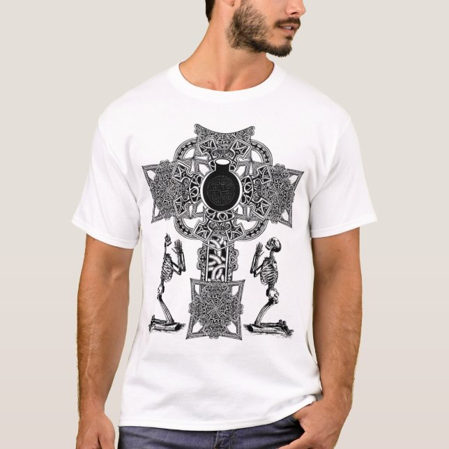Skeletons Praying to Celtic Cross T-Shirt (Front)