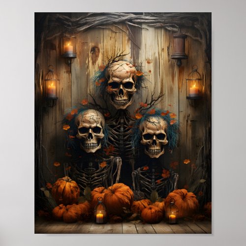 Skeletons Sitting Next To The Wall Cool Halloween Poster