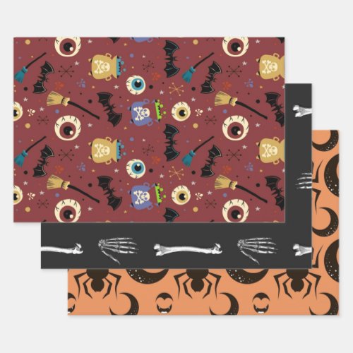 Skeletons Witch Spider Web Orange Halloween  Wrapping Paper Sheets