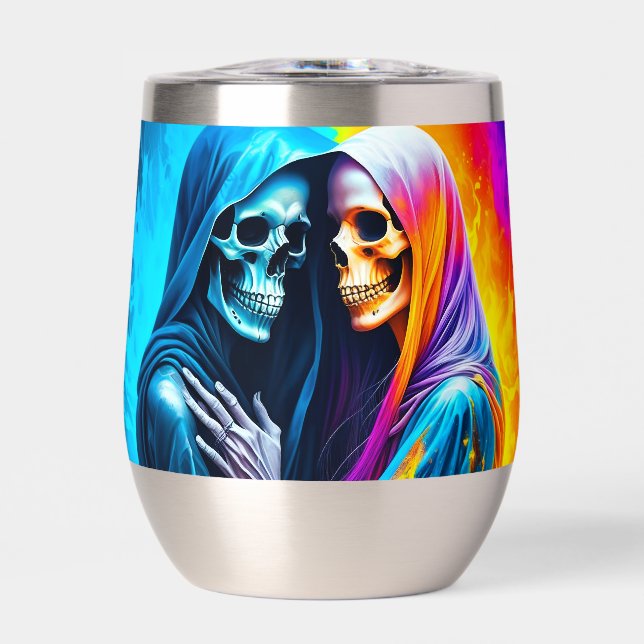 Skeletons Wrapped in a Rainbow Thermal Wine Tumbler (Front)