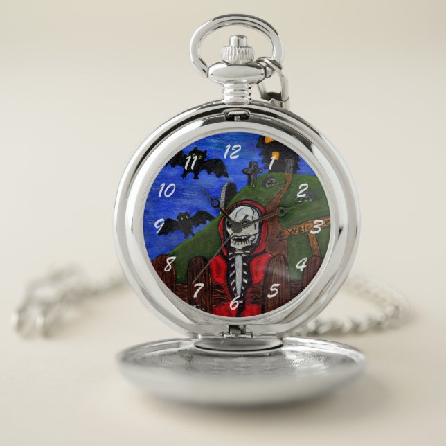 Skelton Grim Reaper Red Cape Bats Black House Pocket Watch (Inside)