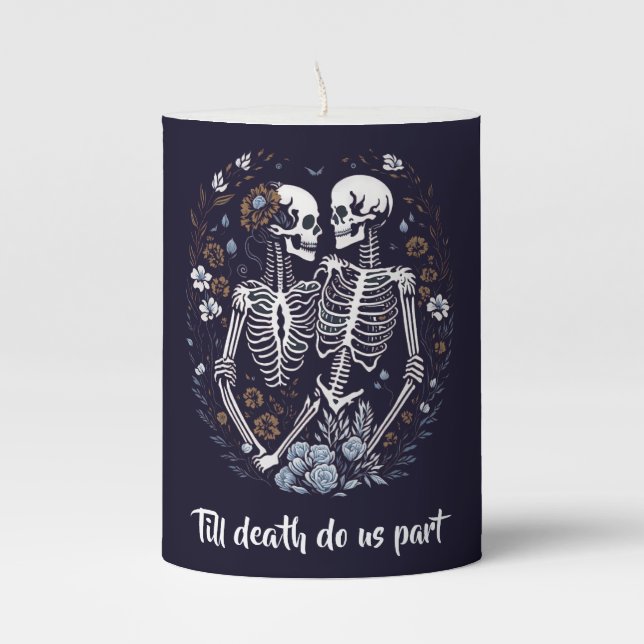 Skelton Lovers till death do us part Pillar Candle (Front)