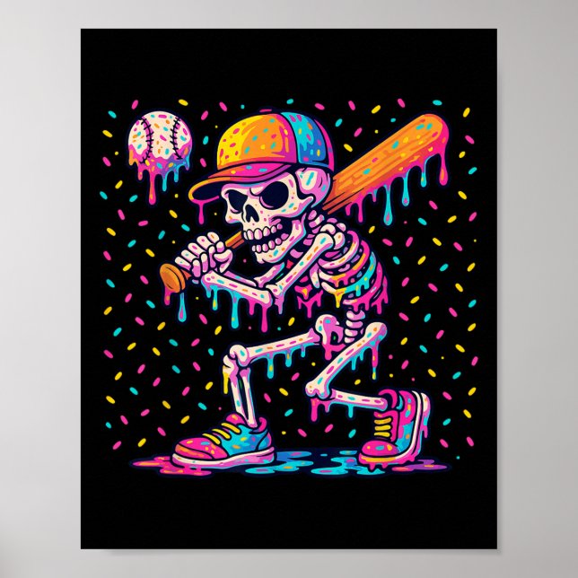 Skelton Playing Baseball Halloween Baseball Drip B Poster (Front)