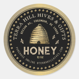 Skep with Bees on Black and Gold Honey Label