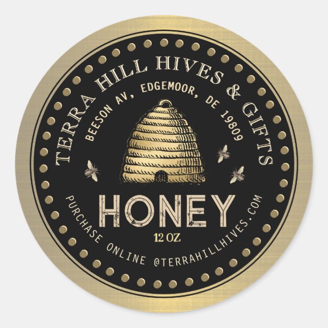 Skep with Bees on Black and Gold Honey Label (Front)