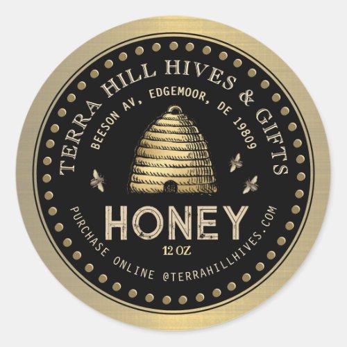 Skep with Bees on Black and Gold Honey Label