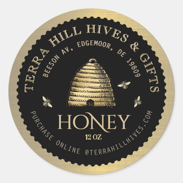 Skep with Bees on Black and Gold Honey Label (Front)