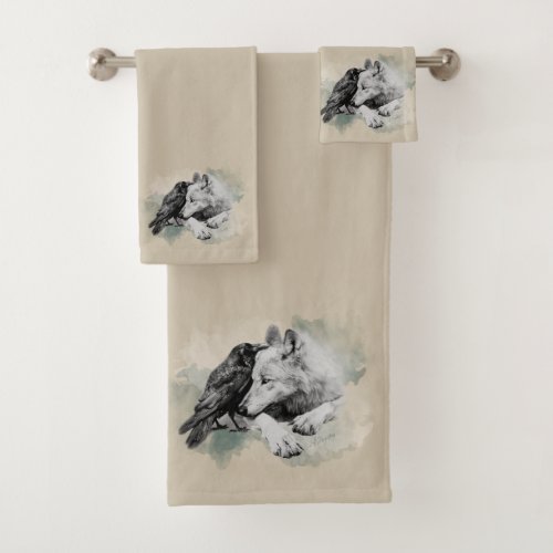 Sketch Black and White Wolf and Crow CHANGE COLOR Bath Towel Set