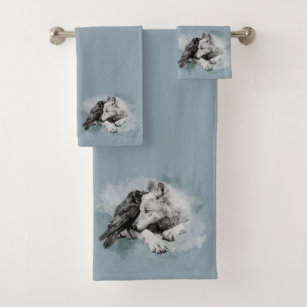 Sketch Black and White Wolf and Crow CHANGE COLOR Bath Towel Set