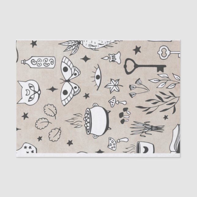 Sketch butterfly cat bottle leaves star distressed tissue paper (Front)