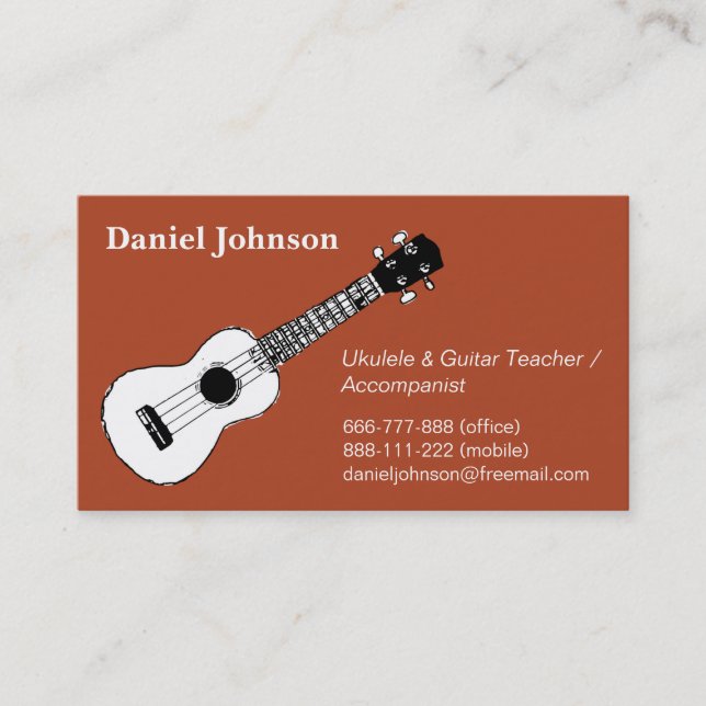 Sketch, casual, relax ukulele and guitar teacher business card (Front)