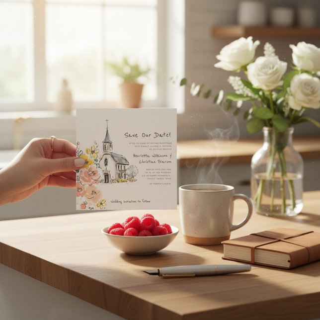 sketch Church Floral Watercolor Save the Date (Creator Uploaded)