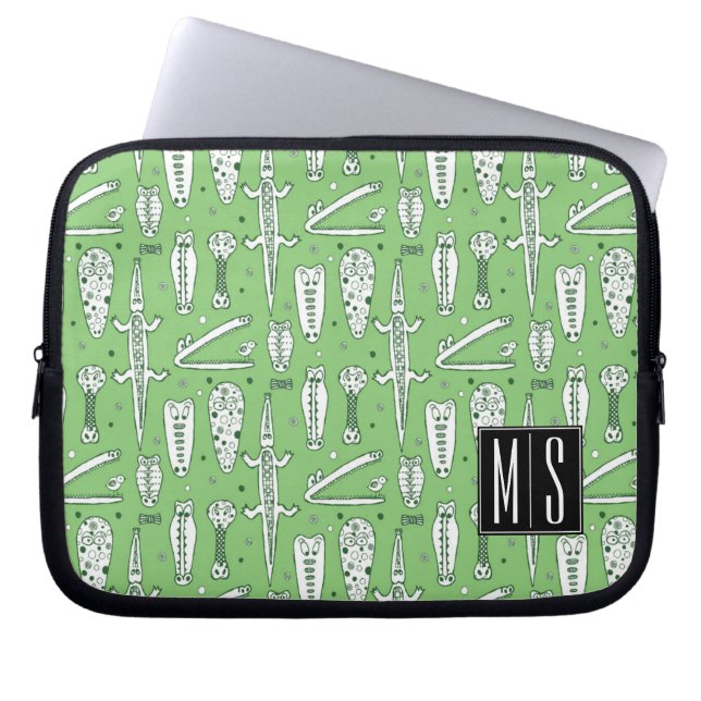 Sketch Crocodile Pattern | Monogram Laptop Sleeve (Front)