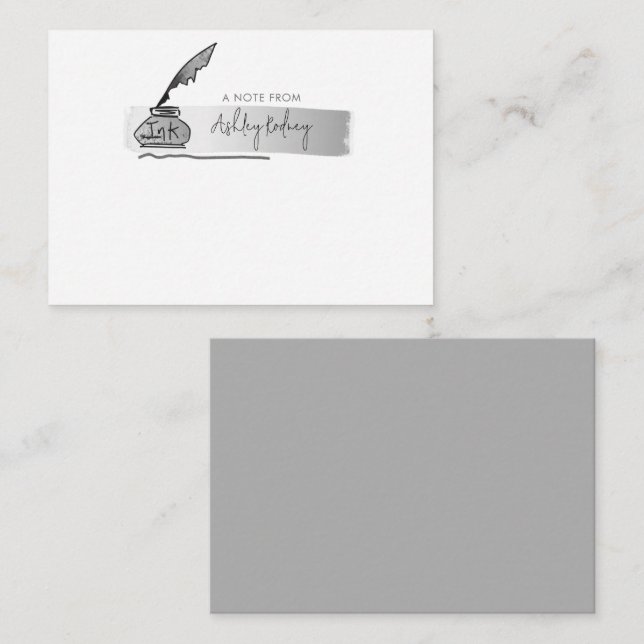 Sketch Faux Silver Quill Pen Script Note Card (Front/Back)