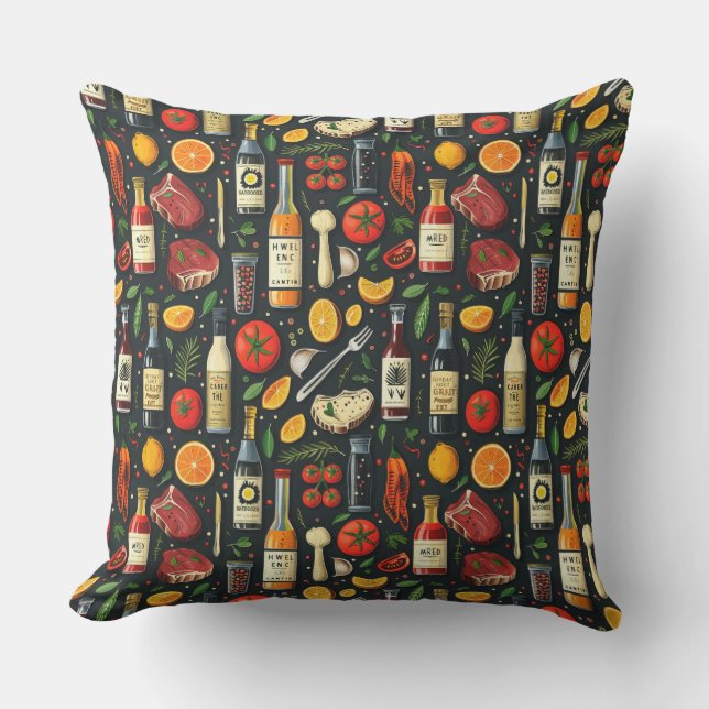 Sketch food barbecue, barbecue cutlery, steaks, ga outdoor pillow (Front)