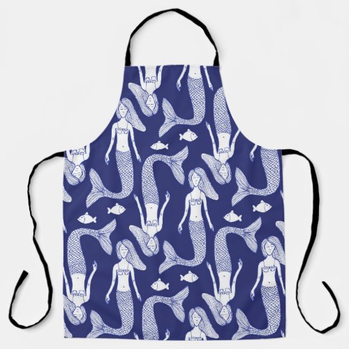 Sketch mermaid and fish pattern in vintage style  apron