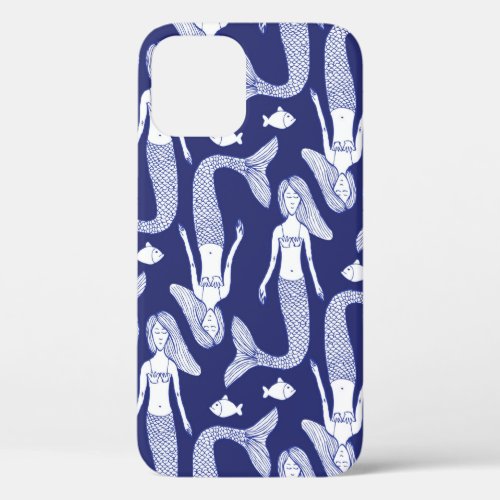 Sketch mermaid and fish pattern in vintage style  iPhone 12 case