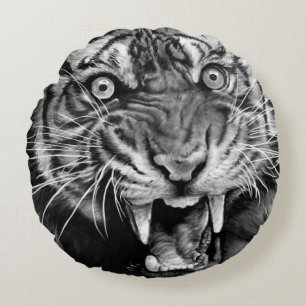 Sketch of a wild tiger in black and whiteblack,whi round pillow