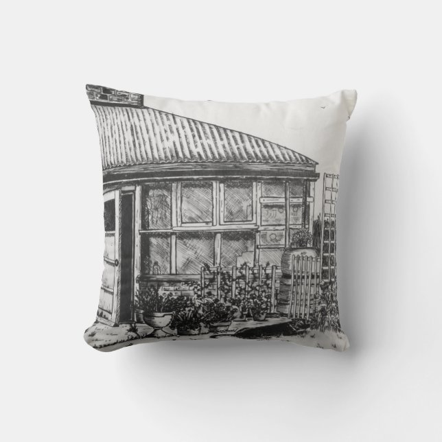 sketch of dog in garden with plants and fencing throw pillow (Front)