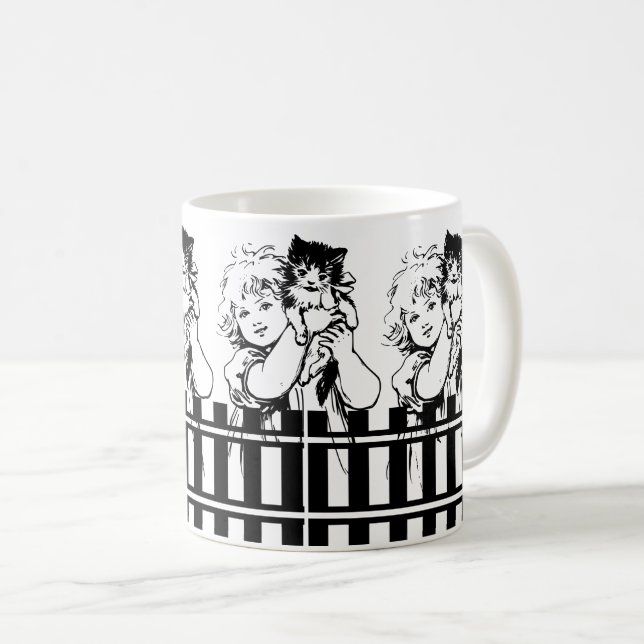 Sketch of Girl with Black and White Cat in Garden Coffee Mug (Front Right)