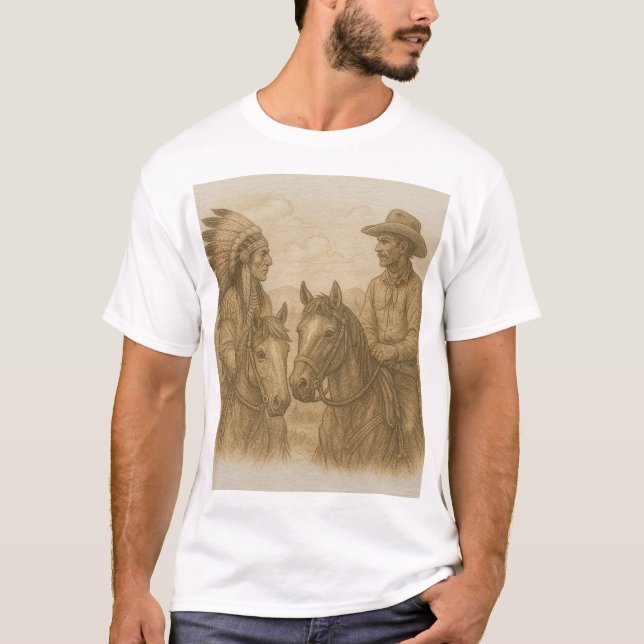 Sketch of Indian and Cowboy on horses T-Shirt (Front)