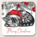 Sketch of Kitten Under Christmas Tree Ornaments Beverage Coaster