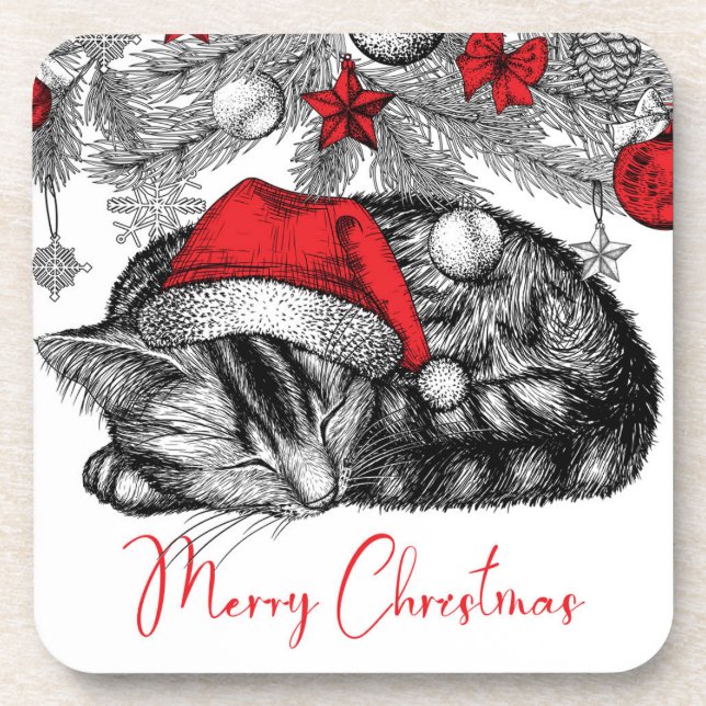 Sketch of Kitten Under Christmas Tree Ornaments Beverage Coaster (Front)