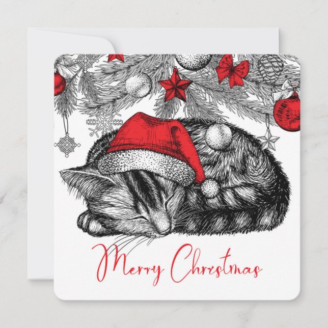 Sketch of Kitten Under Christmas Tree Ornaments Holiday Card (Front)
